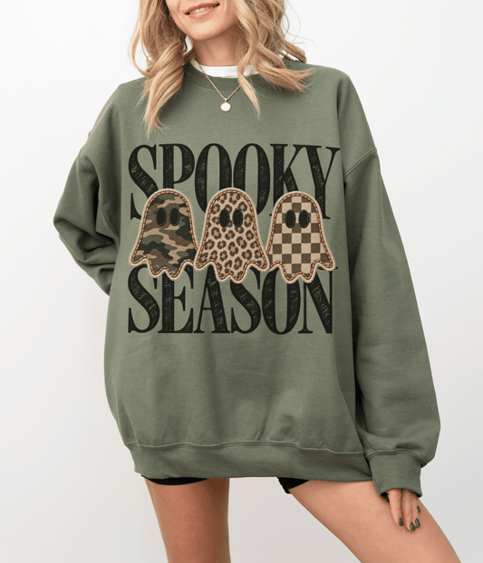 Spooky Season Ghost Sweatshirt | Leopard, Camo & Checkered Halloween Crewneck | Trendy Fall Graphic Sweatshirt