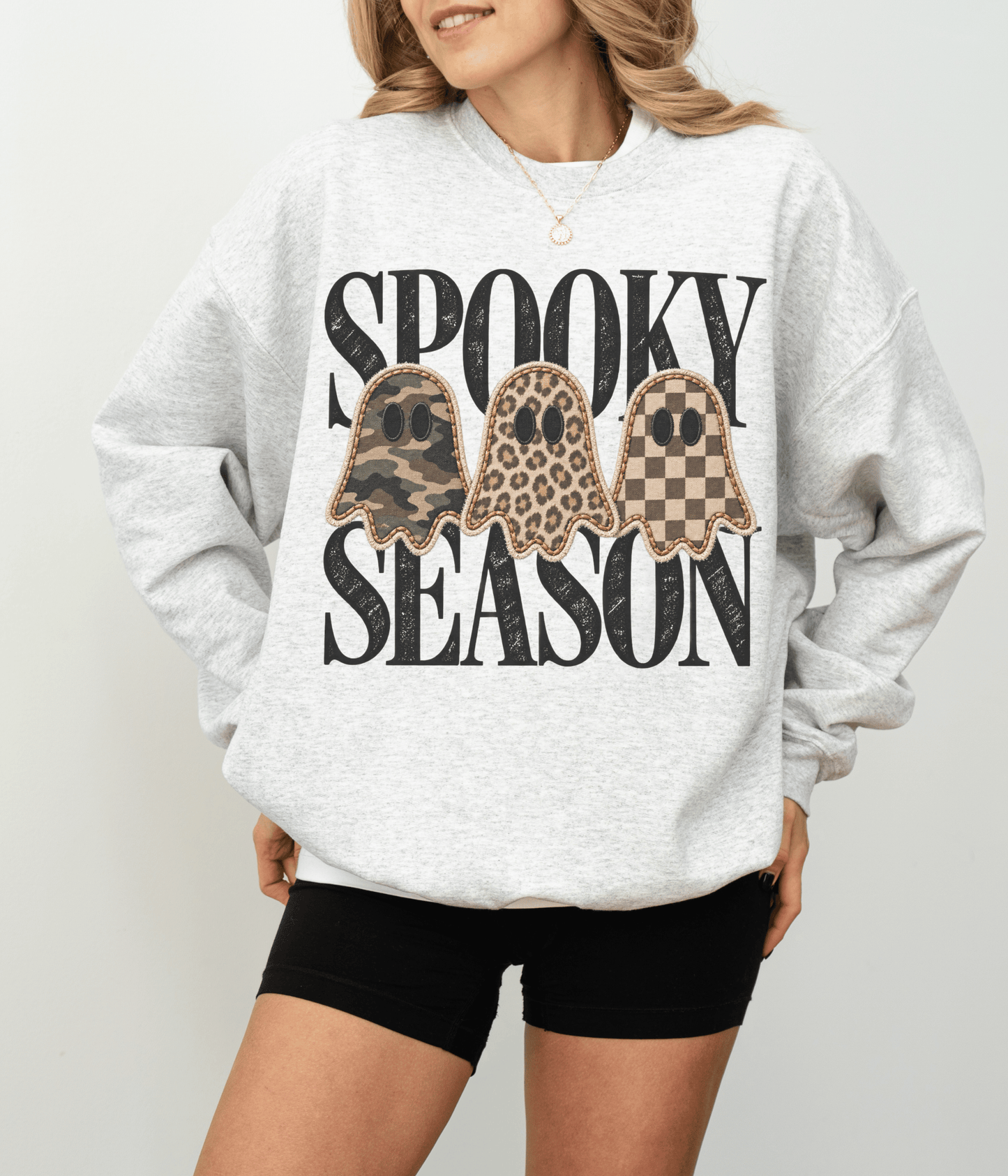 Spooky Season Ghost Sweatshirt | Leopard, Camo & Checkered Halloween Crewneck | Trendy Fall Graphic Sweatshirt