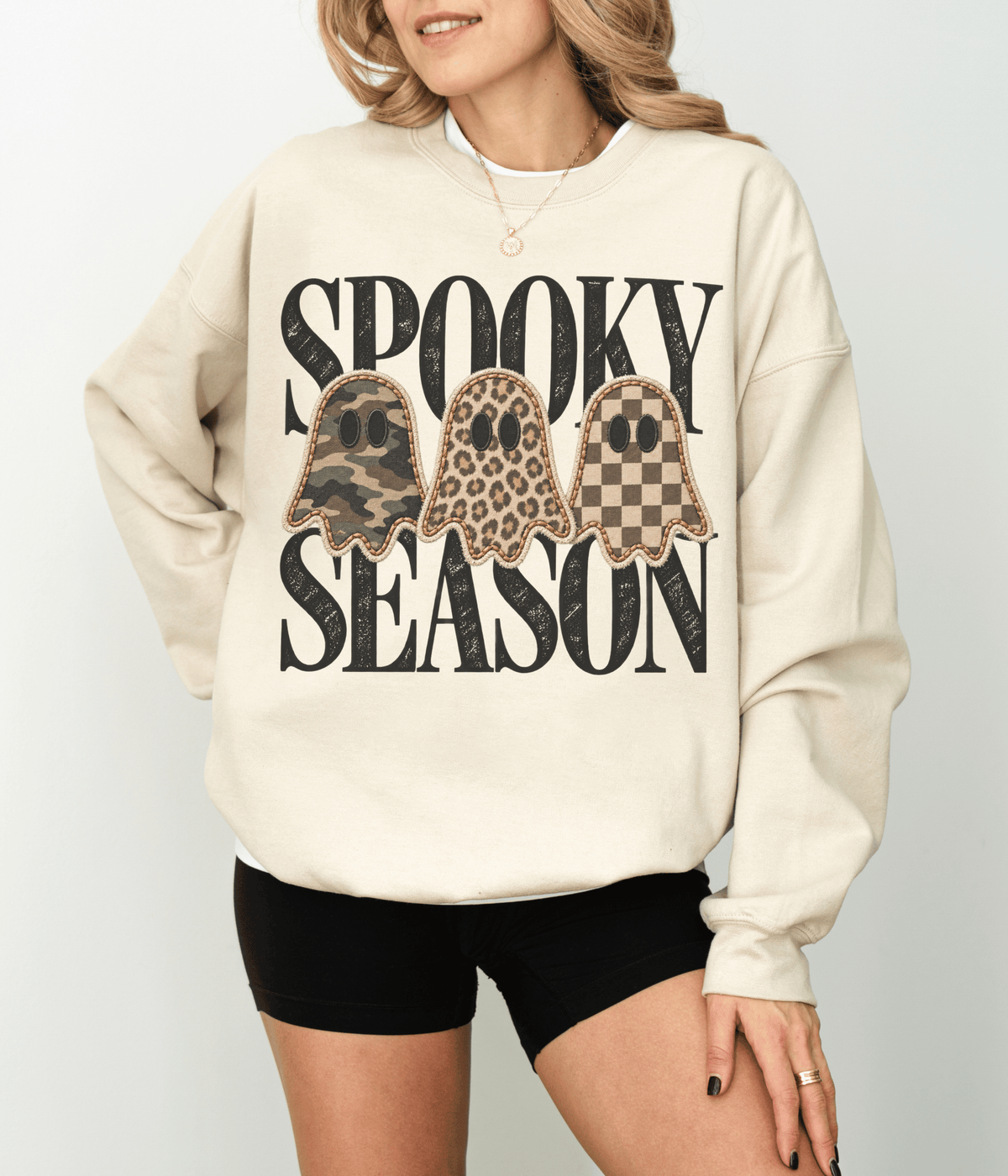 Spooky Season Ghost Sweatshirt | Leopard, Camo & Checkered Halloween Crewneck | Trendy Fall Graphic Sweatshirt