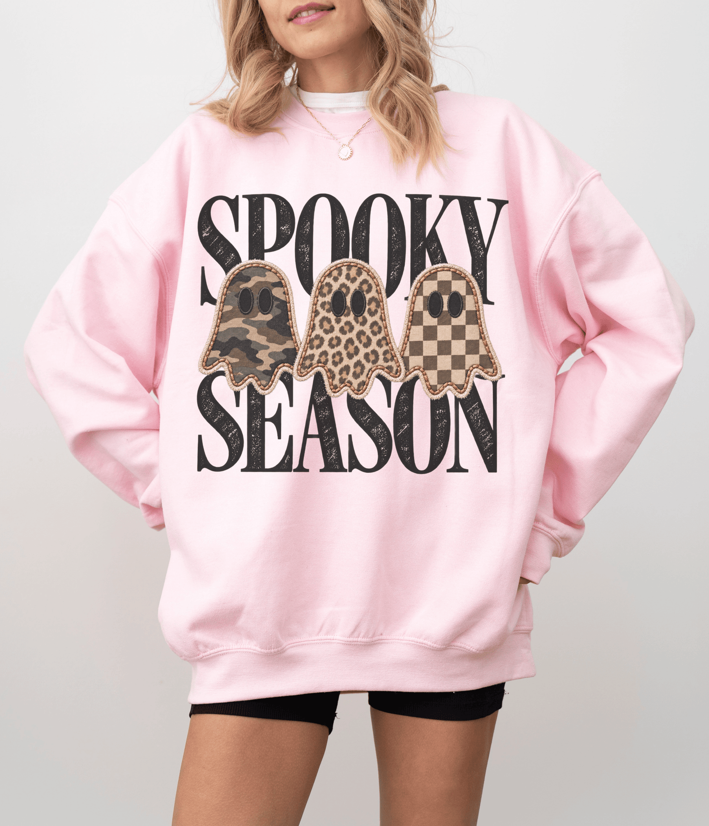 Spooky Season Ghost Sweatshirt | Leopard, Camo & Checkered Halloween Crewneck | Trendy Fall Graphic Sweatshirt