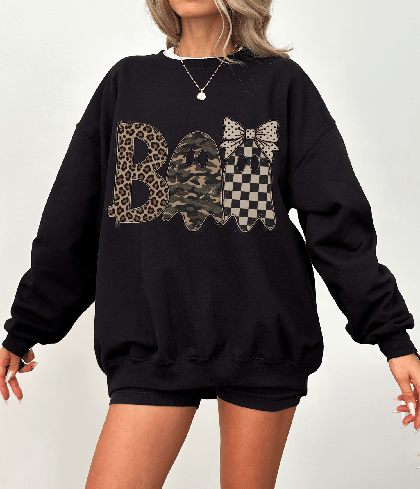 BOO Mixed Print Halloween Crewneck